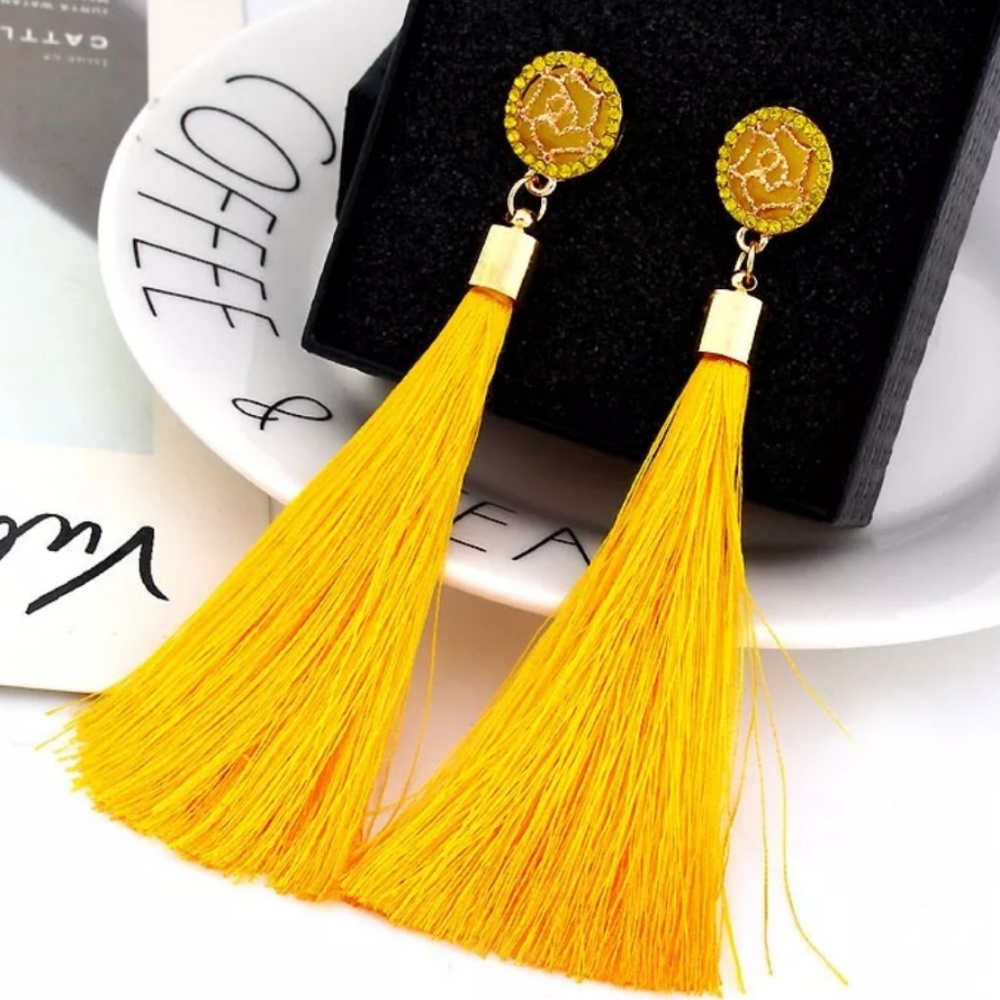 Long Fringe Tassel Statement‎ Rhinestone Earrings